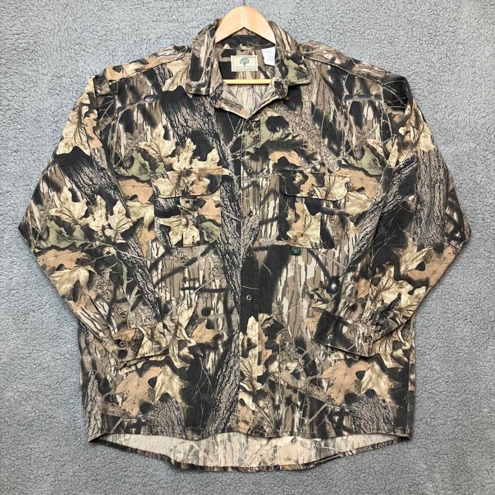 VTG Mossy Oak Shirt Men 2XL Fall Foliage Camo Button Up Long Sleeve Hunting USA